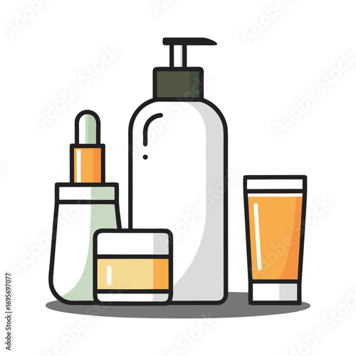 A cosmetic product set of glass and plastic bottles for beauty and health care on a white background