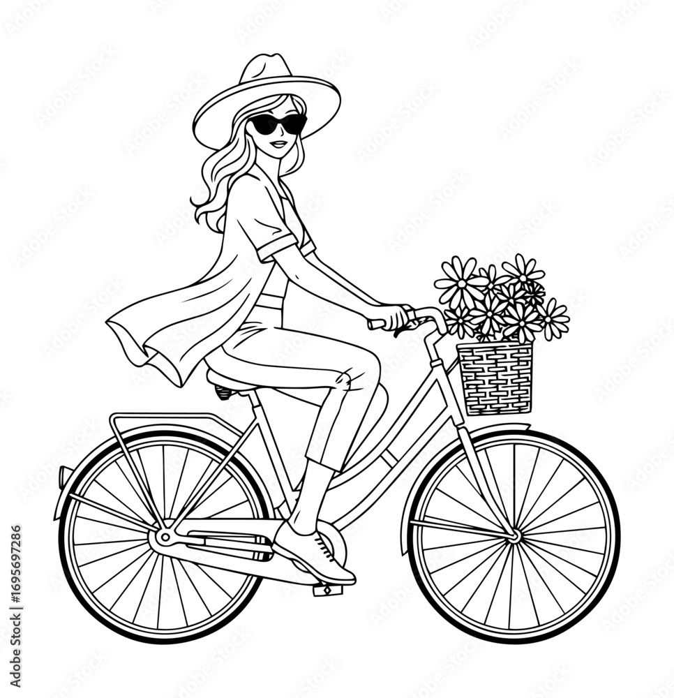 Obraz premium stylish woman cycling bicycle with flower basket summer vector