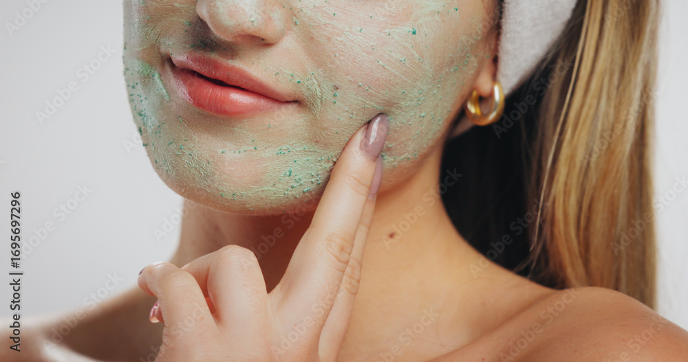 Naklejka premium Clay mask, skincare and mouth of woman in studio for beauty, wellness and detox on white background. Dermatology, spa and face of girl with organic facial for anti aging, natural cosmetics or cleanse