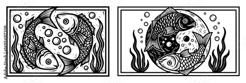 pisces zodiac fish yin yang symbol woodcut vector