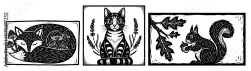 forest animals fox cat squirrel woodcut vector set