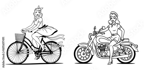 retro pinup girls riding bicycle and motorcycle vector
