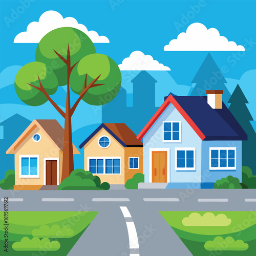 cartoon illustration of houses and trees on a street