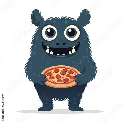 a cartoon monster happily holding a pepperoni pizza in a black and white vector style for food illustration