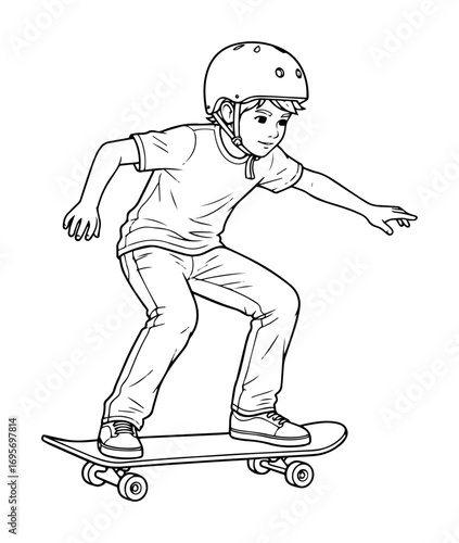 boy skateboarding action line art vector