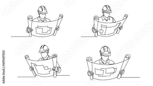 One Line Construction Worker | Continuous Line Art Drawing of Builder Reading Blueprint Illustration