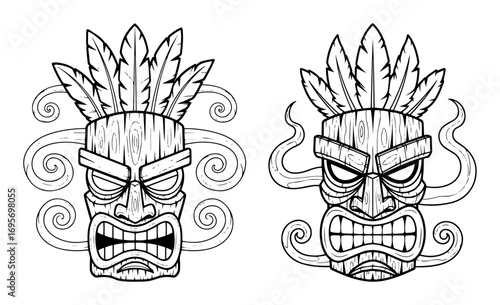 tribal tiki mask angry face coloring page vector set