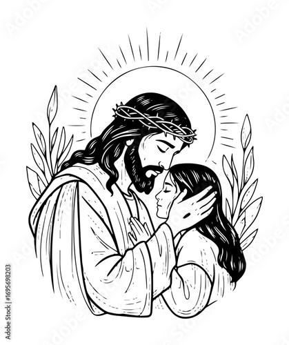 jesus christ embracing a woman sketch vector illustration