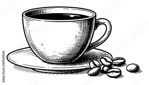 coffee cup with beans vintage hand drawn sketch vector