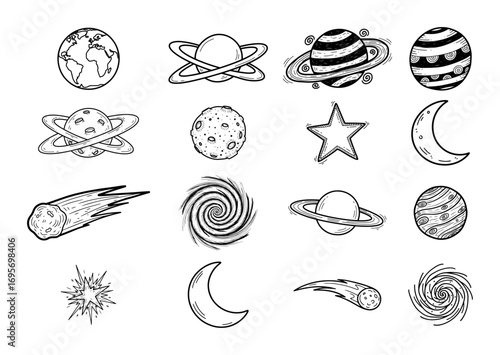 space doodles set planets star moon comet galaxy