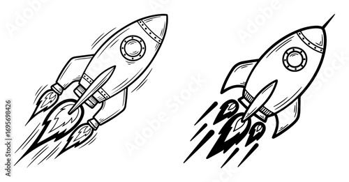 retro rocket ship doodle sketch illustration set
