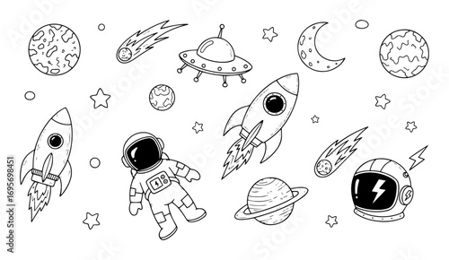 cute hand drawn space doodles icon set vector