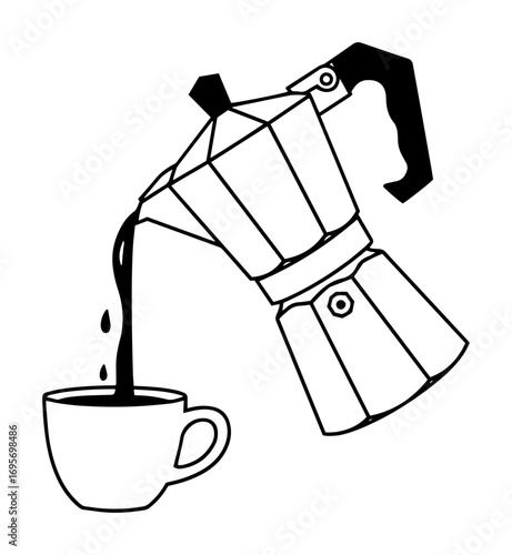 moka pot pouring coffee into a cup vector icon
