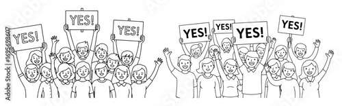 cheering crowd holding yes signs protest rally vector illustration