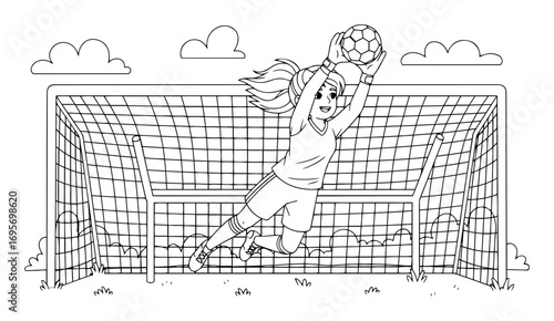 soccer goalkeeper diving save in goal post line art vector