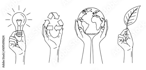 eco friendly hands holding light bulb earth leaf concept vector