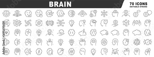 Brain line icon set covering mind, neuroscience, psychology, cognition, memory, focus, mindfulness, therapy, diagnosis, learning, medical innovation; clean editable stroke
