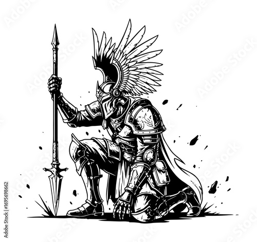 kneeling gladiator warrior with spear detailed drawing