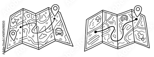 hand drawn travel map with route and pin vector doodle