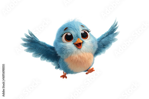 Adorable cartoon blue bird, wings spread in cheerful flight.