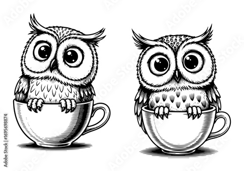 cute owl in coffee cup hand drawn sketch vector illustration