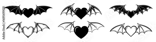 heart with bat and demon wings tattoo icon set
