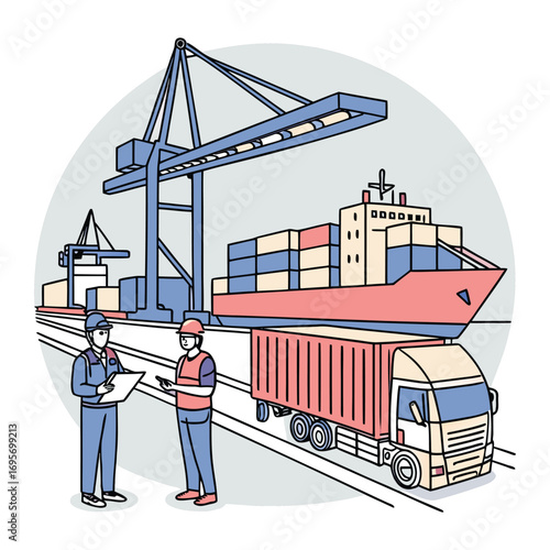 two men standing near a truck and cargo container
