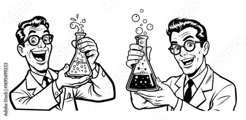 retro scientist holding bubbling beaker laboratory chemist vector