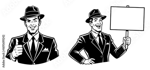 retro business men in suits with signs and thumbs up
