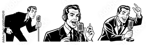 retro men announcing and speaking into microphones