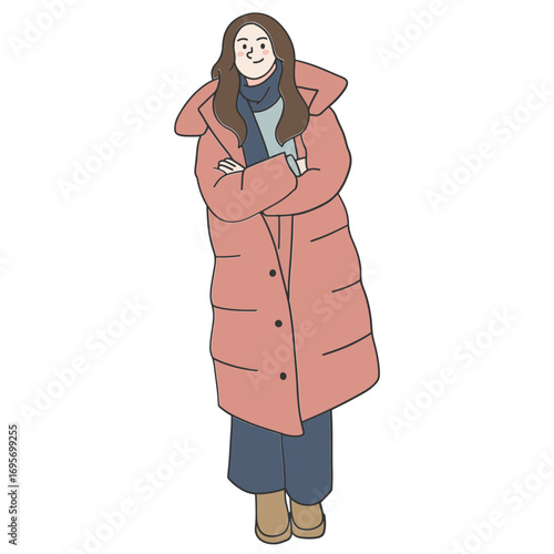 Woman wearing long puffer jacket in winter