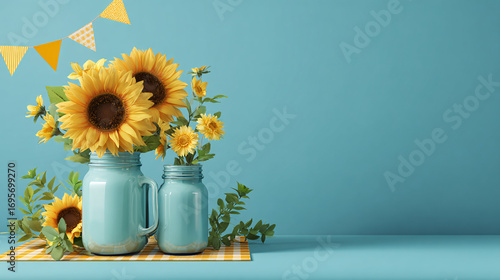 Vibrant sunflowers in turquoise jars with a decorative banner against a bright blue backdrop