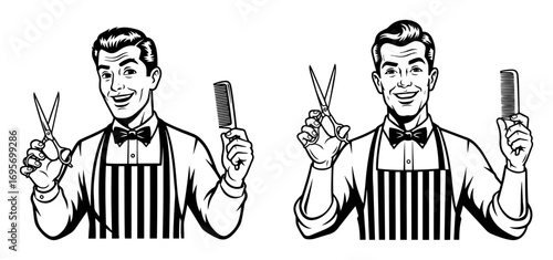 retro barber man with scissors and comb black and white