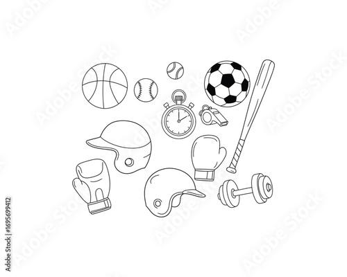 A collection of sports equipment including balls, helmets, boxing gloves, a stopwatch, a whistle, a bat, and a dumbbell, all in a simple line drawing.