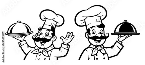 cartoon chef mascot with cloche vintage vector logo set