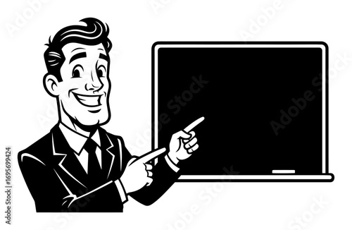 retro businessman pointing at blank blackboard vector mascot