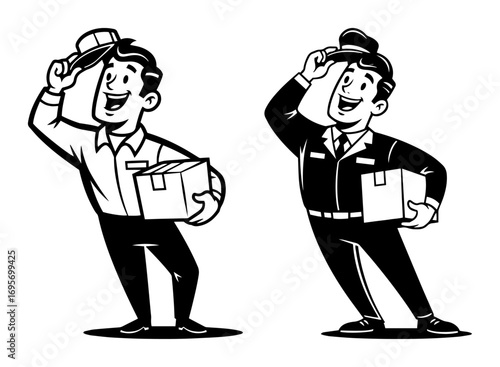 retro delivery man with box cartoon mascot vector