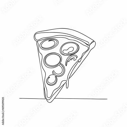 a black and white vector illustration of a pizza slice with toppings in a simple line art style for food icons or clipart