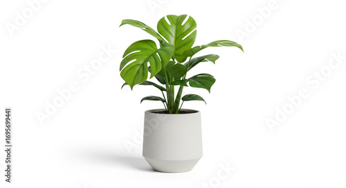A vibrant, healthy Monstera deliciosa plant thrives in a minimalist light grey pot against a clean white background.