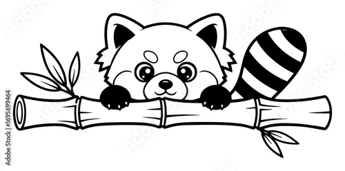 cute red panda on bamboo cartoon coloring page vector