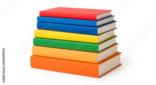 Stack of seven colorful books arranged in a rainbow order on a white background.