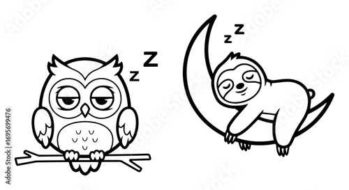 cartoon owl and sloth sleeping vector illustration