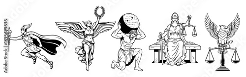 collection of lady justice figures and legal symbols