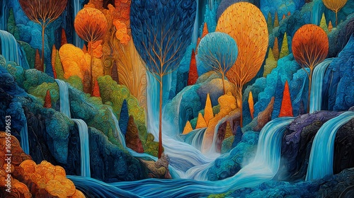 A vivid, whimsical dreamscape unfolds with multi-tiered waterfalls and fantastical flora.