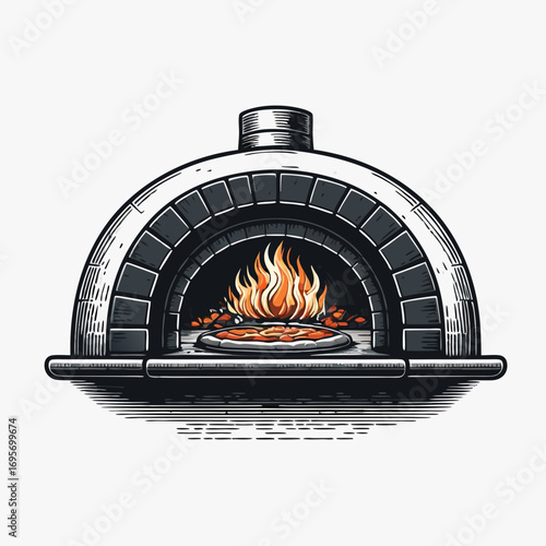 a black and white pizza oven with fire burning inside for food preparation in kitchen