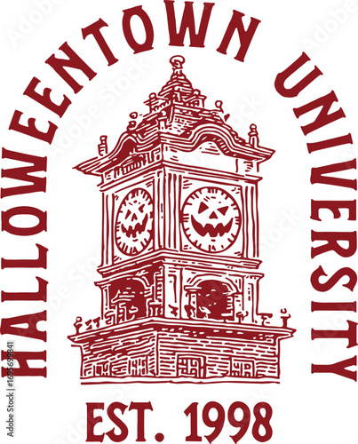 Halloweentown University Est. 1998 – Creepy Haunted Clocktower Illustration with Pumpkin Faces, Vintage Halloween College Theme Design