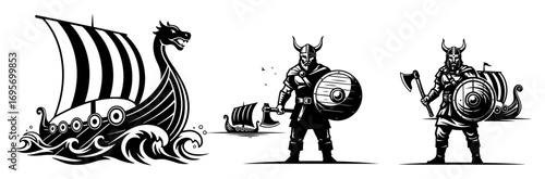 viking warrior and longship drakkar boat vector set