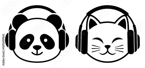 panda and cat heads with headphones vector icon set