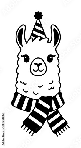 cute party llama with scarf cartoon vector illustration