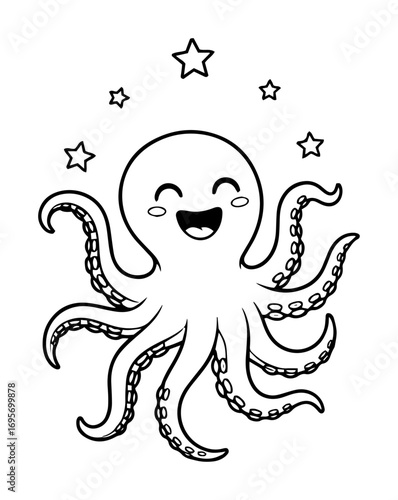 cute happy octopus cartoon coloring page vector